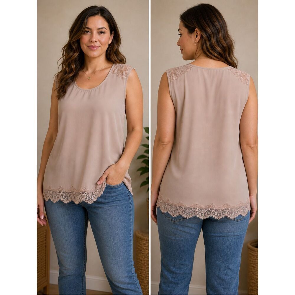 NWT MADELEINE Silk Blend Lace Trim Top EU 46 / US 14 Nude Beige